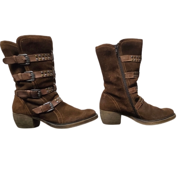 Studded Buckle Moto Boots Brown Suede Leather Mid-Calf Chunky Heel EU 41 - Picture 9 of 11